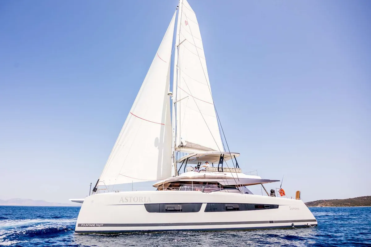 Astoria, a Fountaine Pajot Samana 59 catamaran at Piraeus, Greece