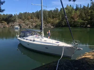 Deck of Evita, a Bavaria 46 Cruiser sailboat at Bullandö, Sweden