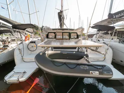 Deck of First Sight, a Excess 11 catamaran at Skradin, Croatia