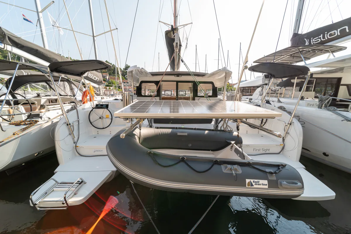 Deck of First Sight, a Excess 11 catamaran at Skradin, Croatia