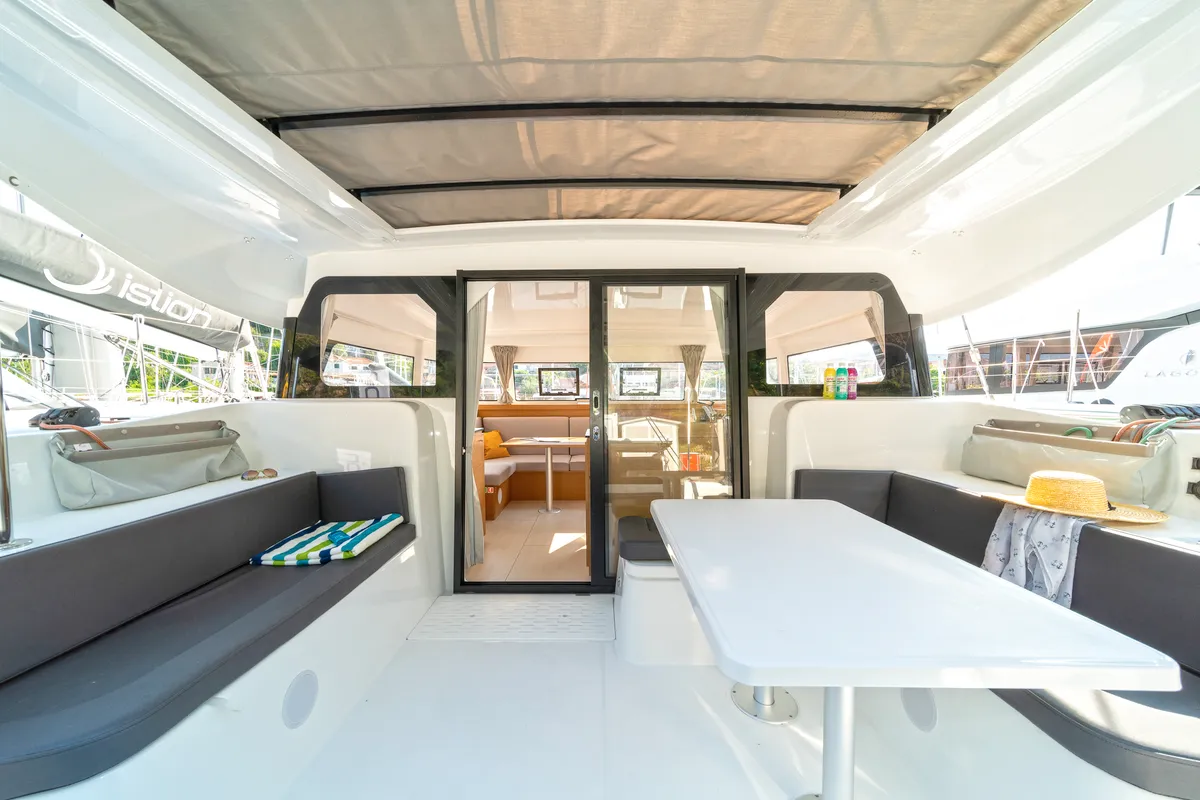 Deck of First Sight, a Excess 11 catamaran at Skradin, Croatia