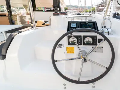 Cockpit of First Sight, a Excess 11 catamaran at Skradin, Croatia