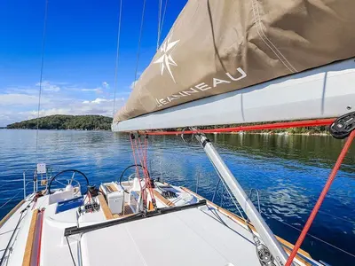 Deck of Agios Georgios, a Jeanneau Sun Odyssey 389 sailboat at Kontokali, Greece