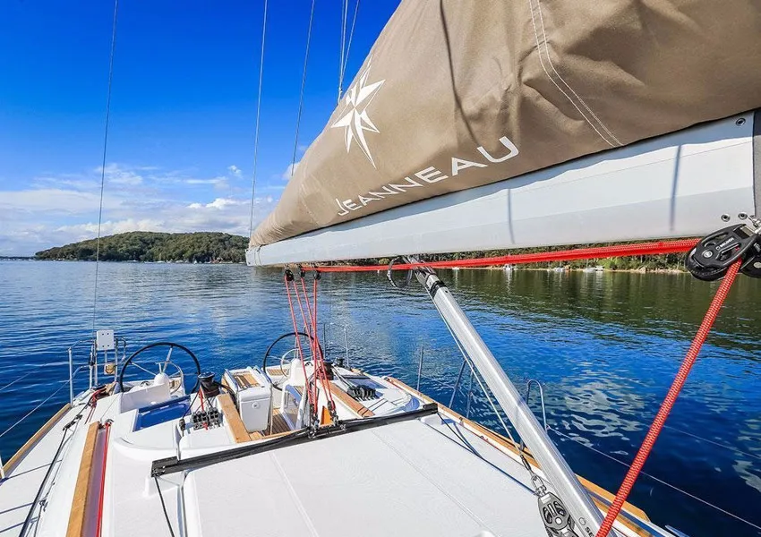 Deck of Agios Georgios, a Jeanneau Sun Odyssey 389 sailboat at Kontokali, Greece