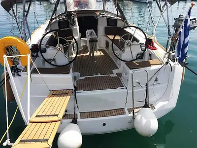Cockpit of Agios Georgios, a Jeanneau Sun Odyssey 389 sailboat at Kontokali, Greece