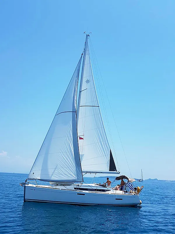 Exterior view of Agios Georgios, a Jeanneau Sun Odyssey 389 sailboat at Kontokali, Greece