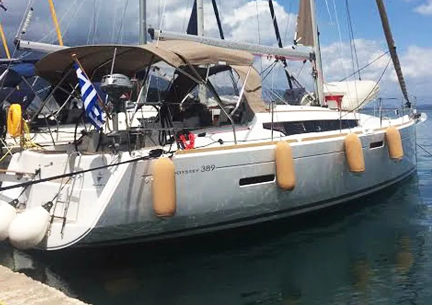 Exterior view of Agios Georgios, a Jeanneau Sun Odyssey 389 sailboat at Kontokali, Greece