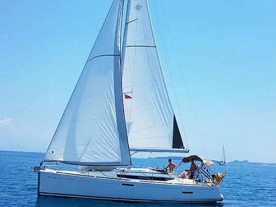 Agios Georgios, a Jeanneau Sun Odyssey 389 sailboat at Kontokali, Greece