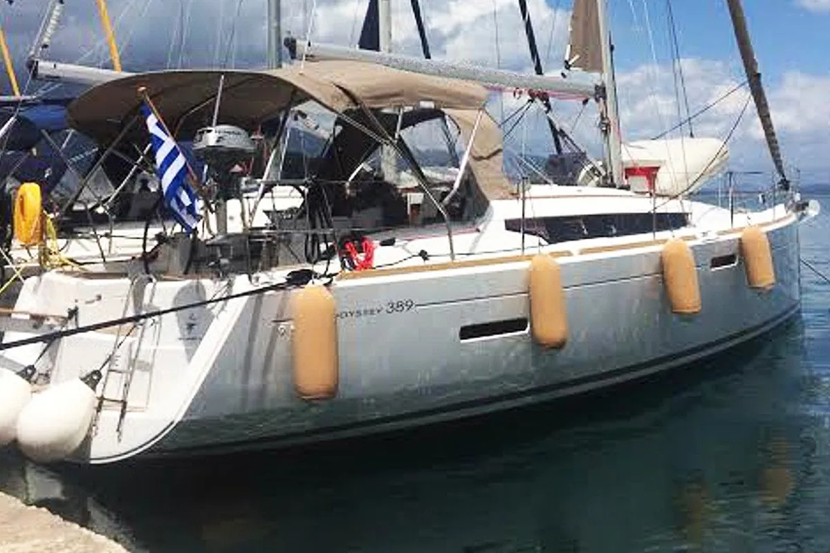 Agios Georgios, a Jeanneau Sun Odyssey 389 sailboat at Kontokali, Greece