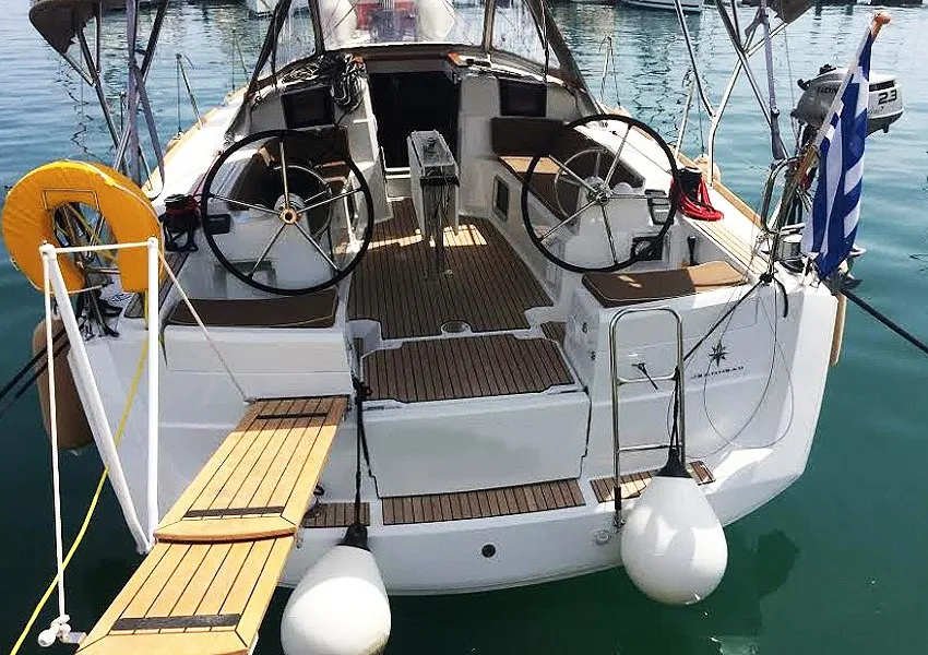Agios Georgios, a Jeanneau Sun Odyssey 389 sailboat at Kontokali, Greece