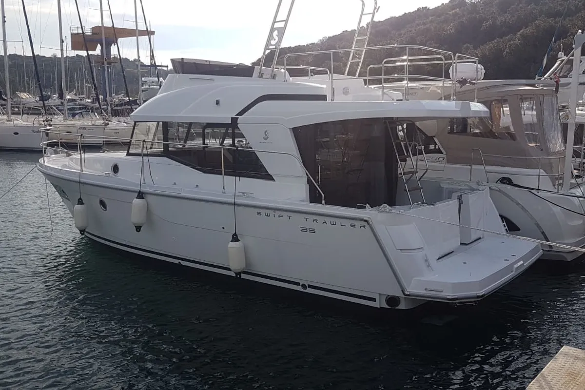 Exterior view of Fritz, a Beneteau Swift Trawler 35 motorboat at Pula, Croatia