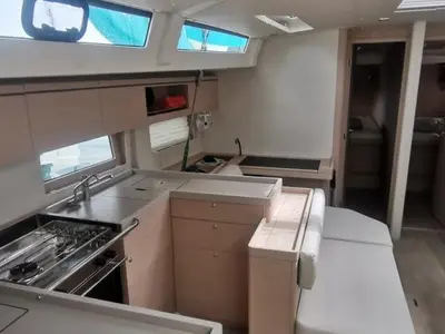 Galley of Living In Sea, a Beneteau Oceanis 51.1 sailboat at Kontokali, Greece