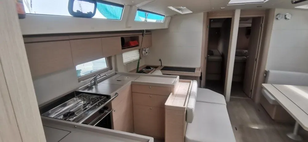 Galley of Living In Sea, a Beneteau Oceanis 51.1 sailboat at Kontokali, Greece