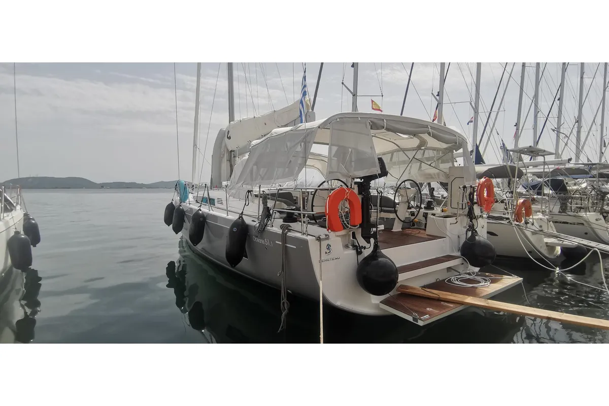 Exterior view of Living In Sea, a Beneteau Oceanis 51.1 sailboat at Kontokali, Greece