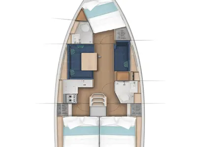 Floor plan of Ocean Breeze, a Jeanneau Sun Odyssey 380 sailboat at Fethiye, Turkey