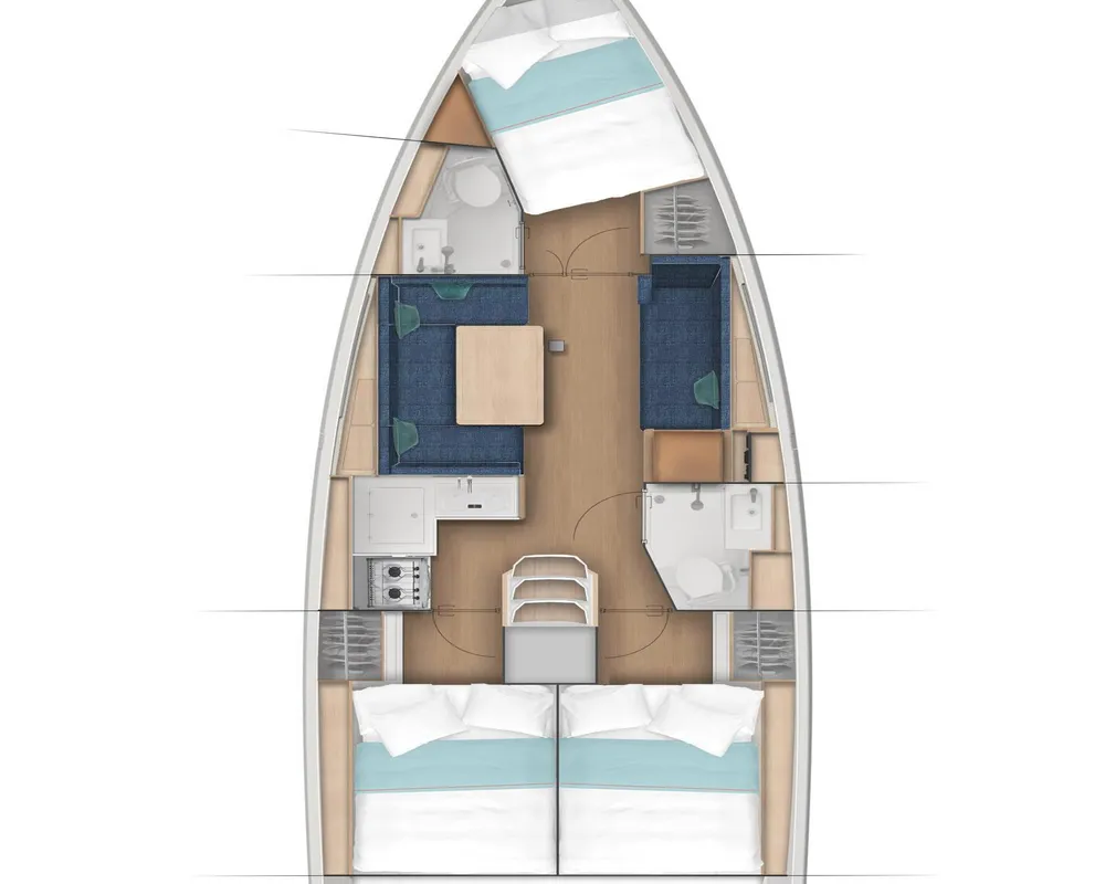 Floor plan of Ocean Breeze, a Jeanneau Sun Odyssey 380 sailboat at Fethiye, Turkey