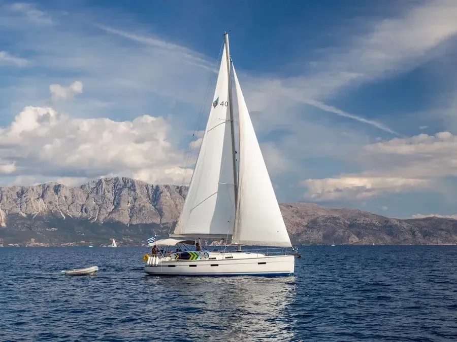 Exterior view of Vasiliki, a Bavaria 40 sailboat at Municipal Unit of Lefkada, Greece
