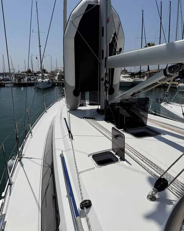 Deck of Casandra, a Bavaria Cruiser 46 Style sailboat at Palma de Mallorca, Spain