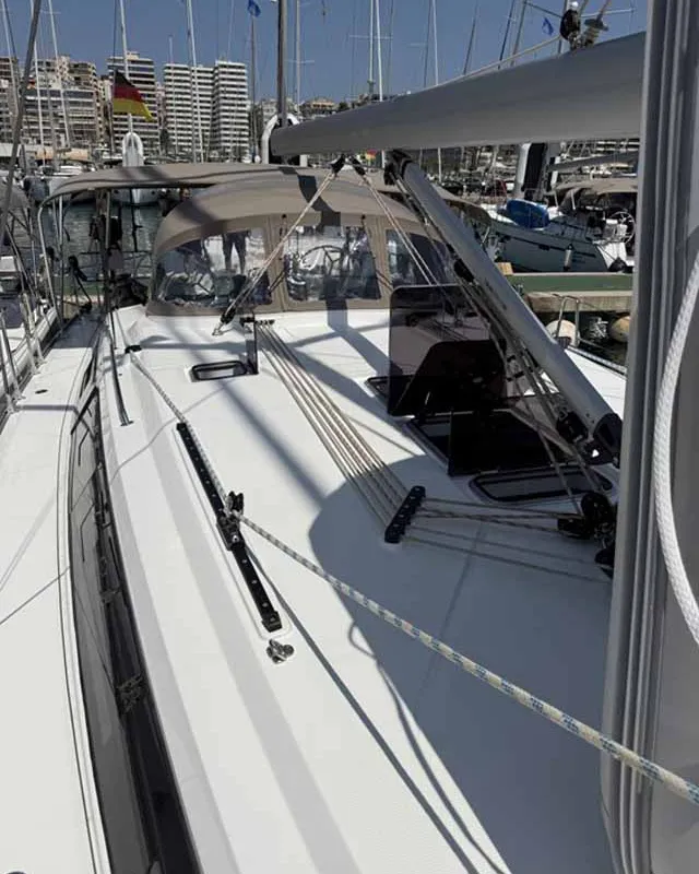 Deck of Casandra, a Bavaria Cruiser 46 Style sailboat at Palma de Mallorca, Spain