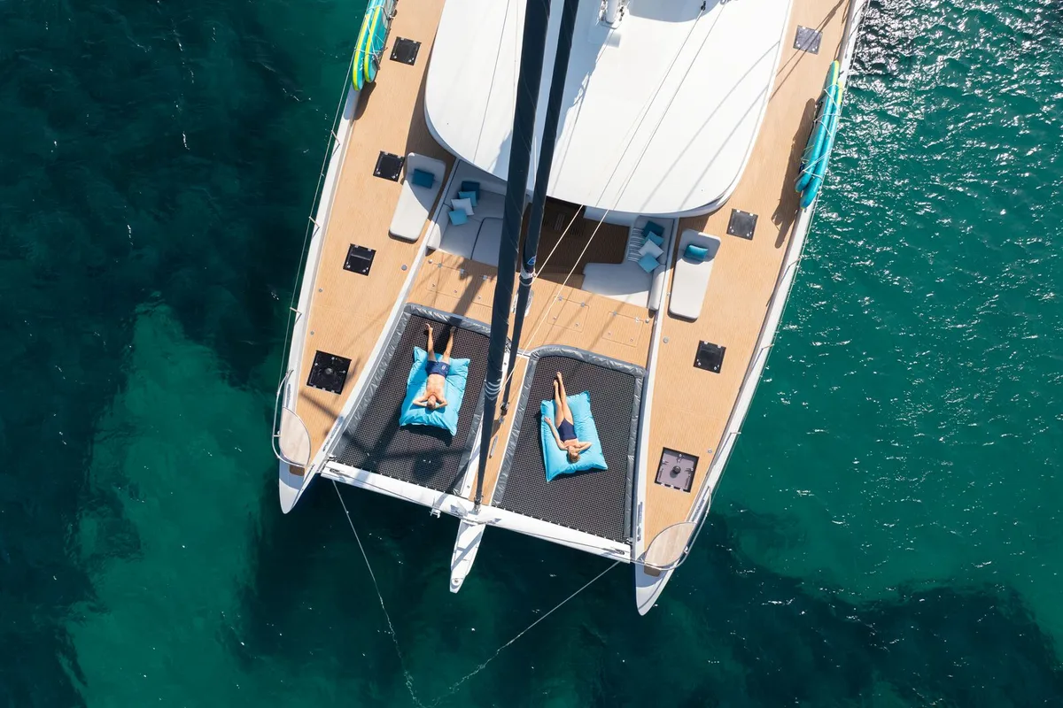 Exterior view of La Desirade, a Lagoon Seventy 7 catamaran at Ajaccio, France