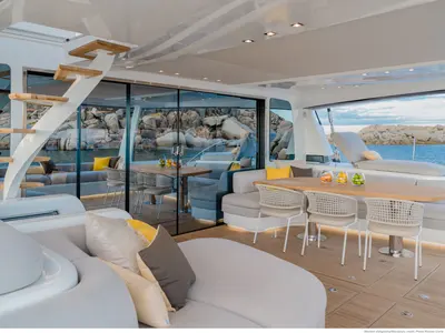 Deck of La Desirade, a Lagoon Seventy 7 catamaran at Ajaccio, France