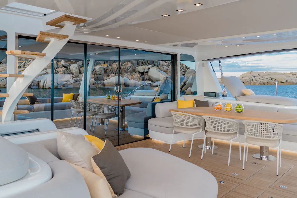 Deck of La Desirade, a Lagoon Seventy 7 catamaran at Ajaccio, France