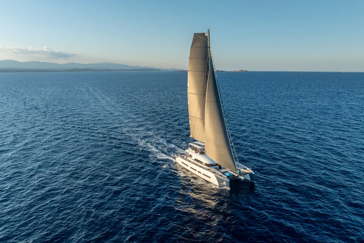 Exterior view of La Desirade, a Lagoon Seventy 7 catamaran at Ajaccio, France