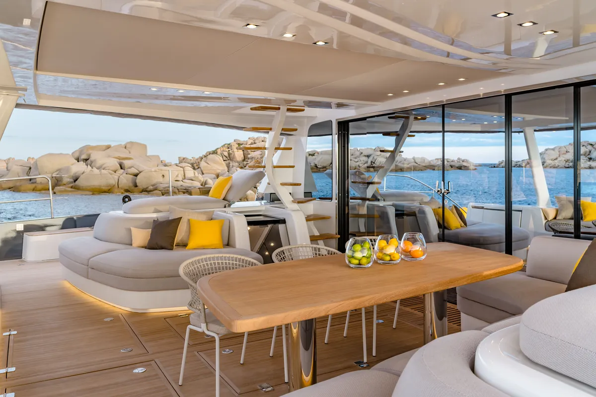 Deck of La Desirade, a Lagoon Seventy 7 catamaran at Ajaccio, France