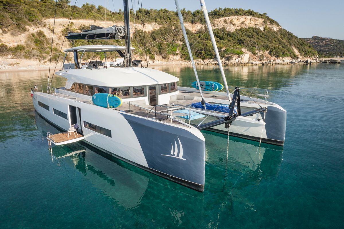 Exterior view of La Desirade, a Lagoon Seventy 7 catamaran at Ajaccio, France
