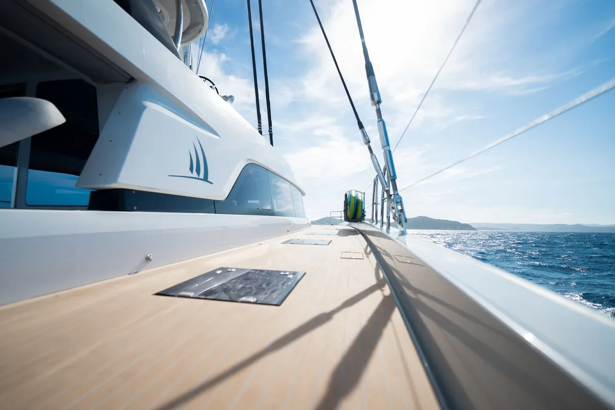 Deck of La Desirade, a Lagoon Seventy 7 catamaran at Ajaccio, France