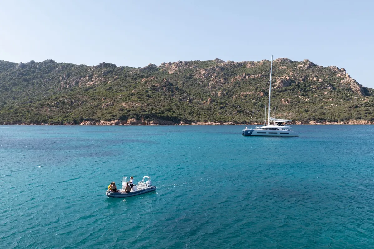 Exterior view of La Desirade, a Lagoon Seventy 7 catamaran at Ajaccio, France