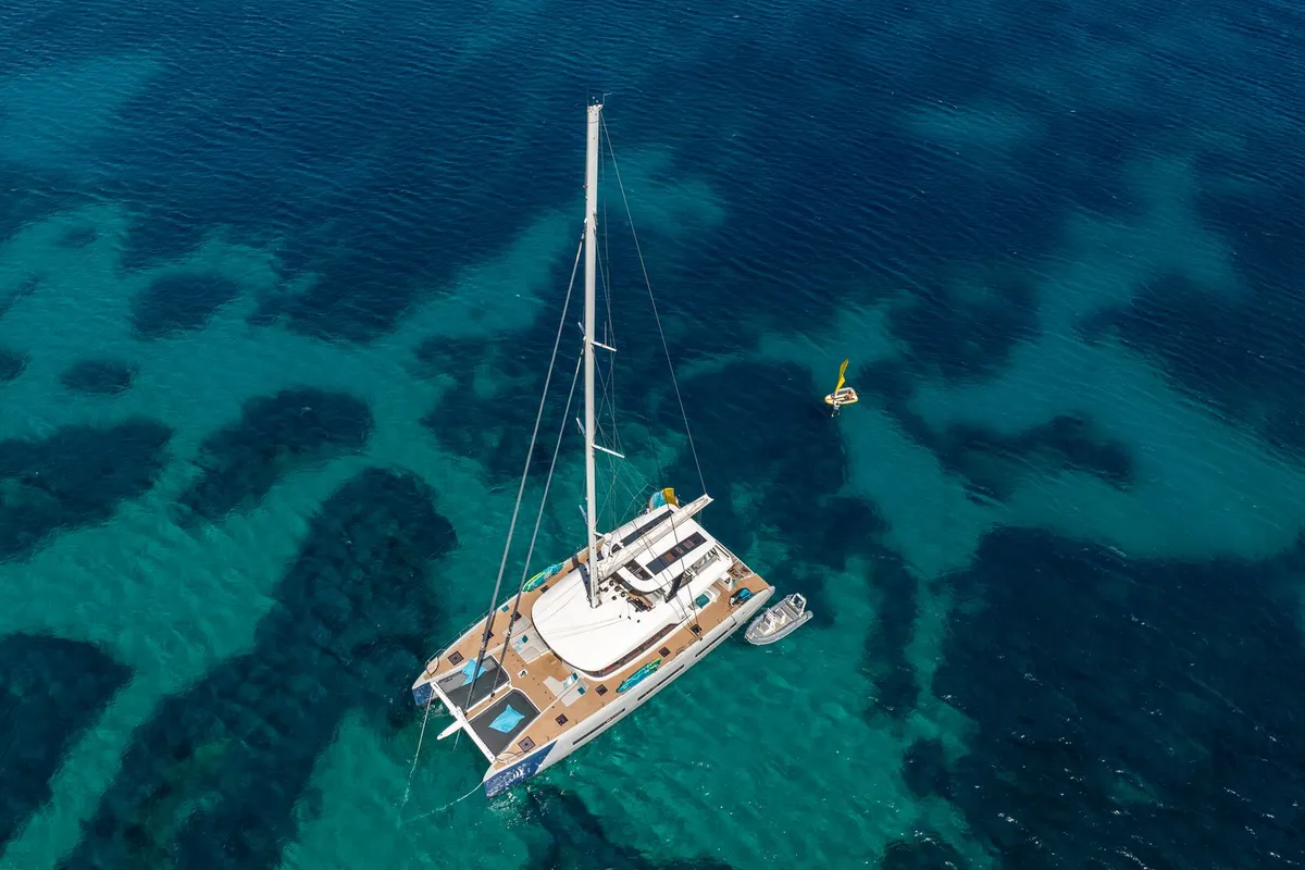 Exterior view of La Desirade, a Lagoon Seventy 7 catamaran at Ajaccio, France