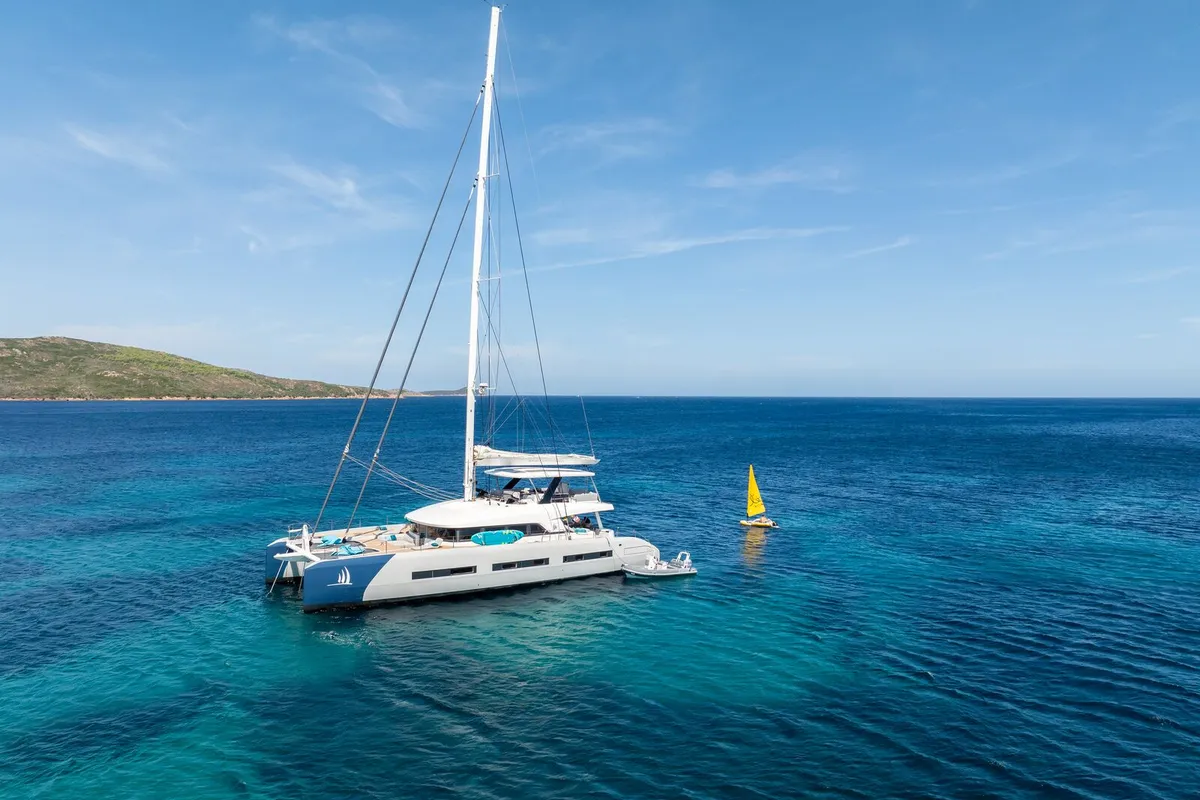 Exterior view of La Desirade, a Lagoon Seventy 7 catamaran at Ajaccio, France