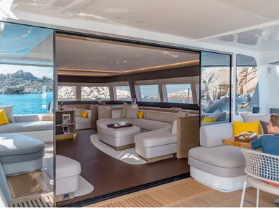 Salon of La Desirade, a Lagoon Seventy 7 catamaran at Ajaccio, France