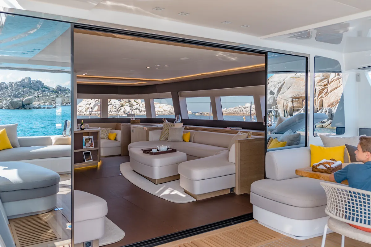 Salon of La Desirade, a Lagoon Seventy 7 catamaran at Ajaccio, France