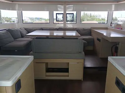 Salon of Sapphire Seas , a Lagoon 51 catamaran at Central Abaco, Bahamas