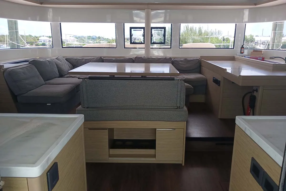 Salon of Sapphire Seas , a Lagoon 51 catamaran at Central Abaco, Bahamas