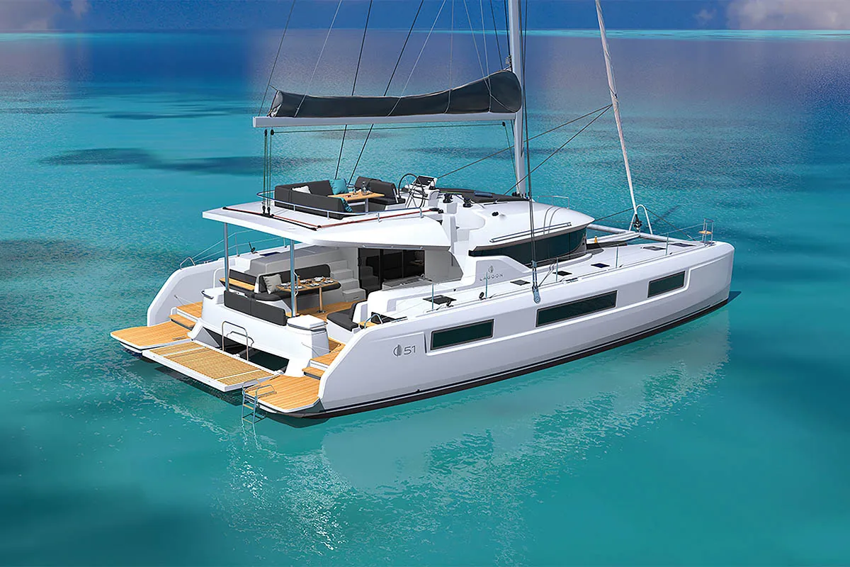 Exterior view of Sapphire Seas , a Lagoon 51 catamaran at Central Abaco, Bahamas