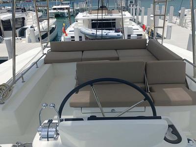 Cockpit of Sapphire Seas , a Lagoon 51 catamaran at Central Abaco, Bahamas
