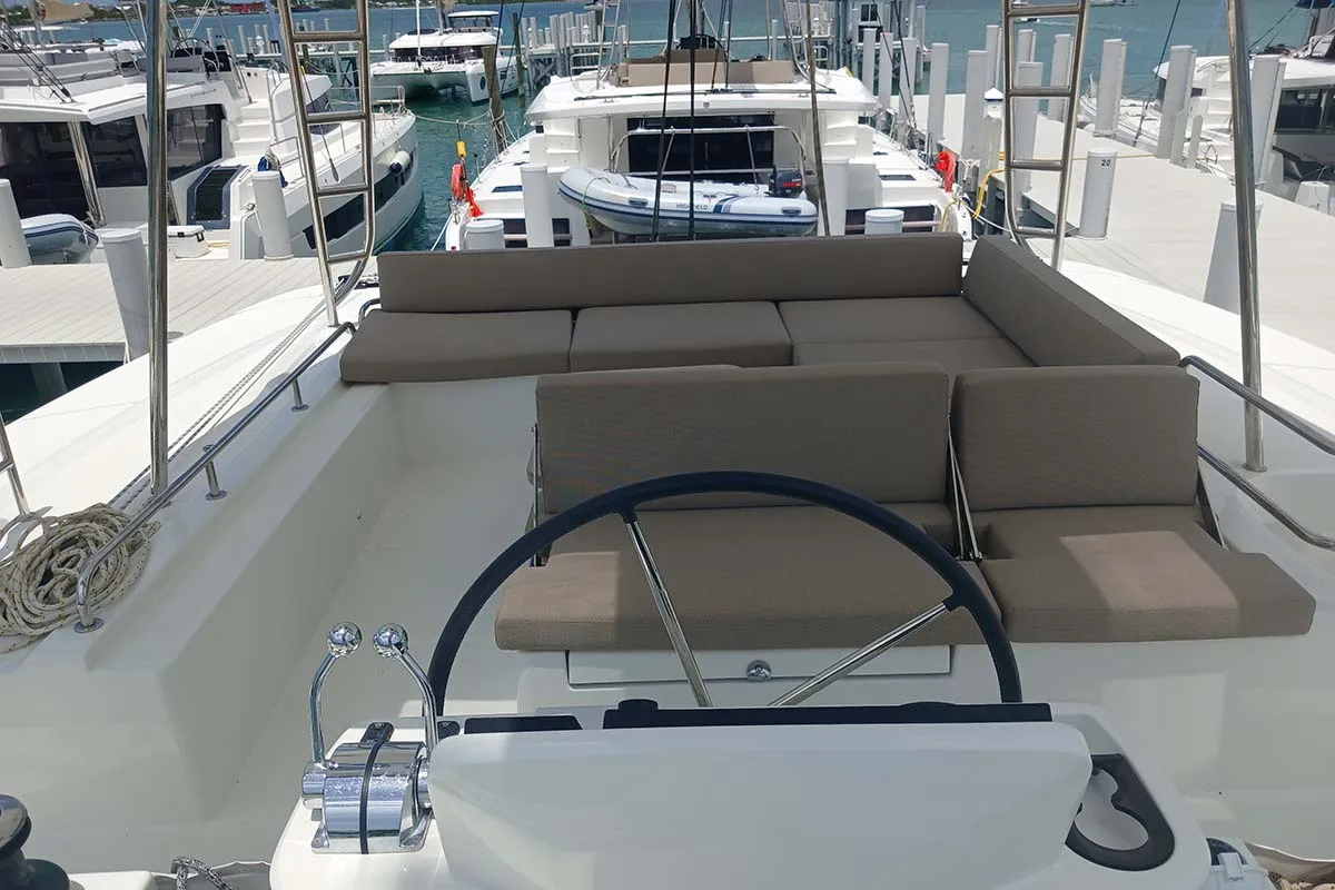 Cockpit of Sapphire Seas , a Lagoon 51 catamaran at Central Abaco, Bahamas