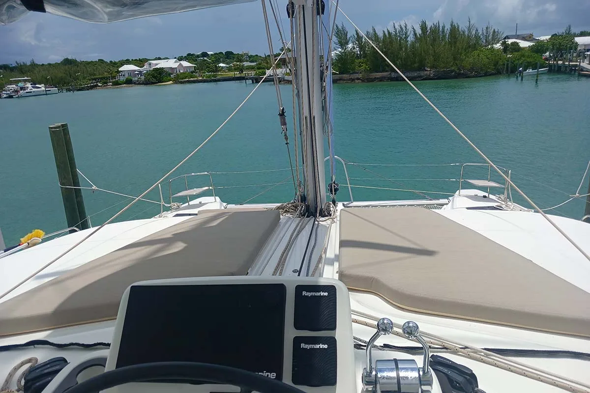 Cockpit of Sapphire Seas , a Lagoon 51 catamaran at Central Abaco, Bahamas