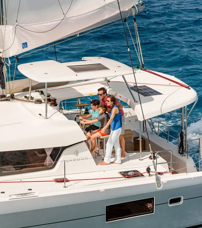 Cockpit of Aventura, a Lagoon 42 catamaran at Road Town, British Virgin Islands