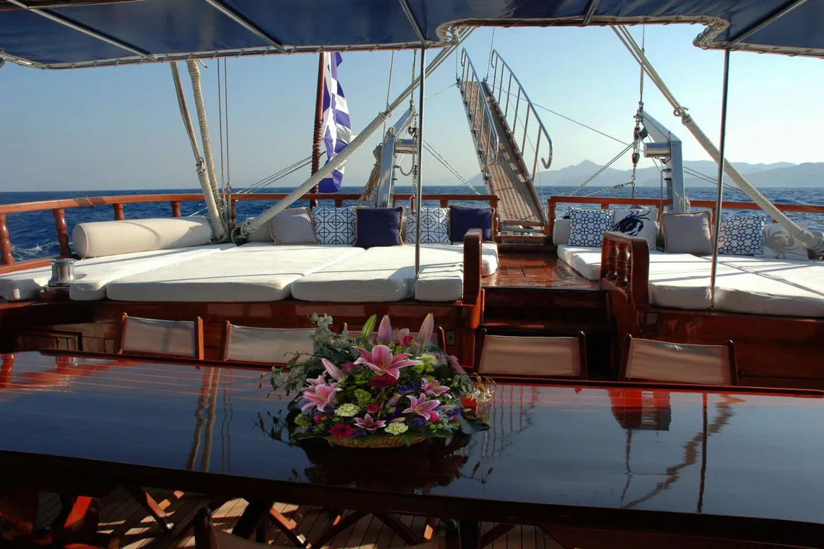 Deck of Matina, a Gulet Motor sailer motor yacht at Athens, Greece