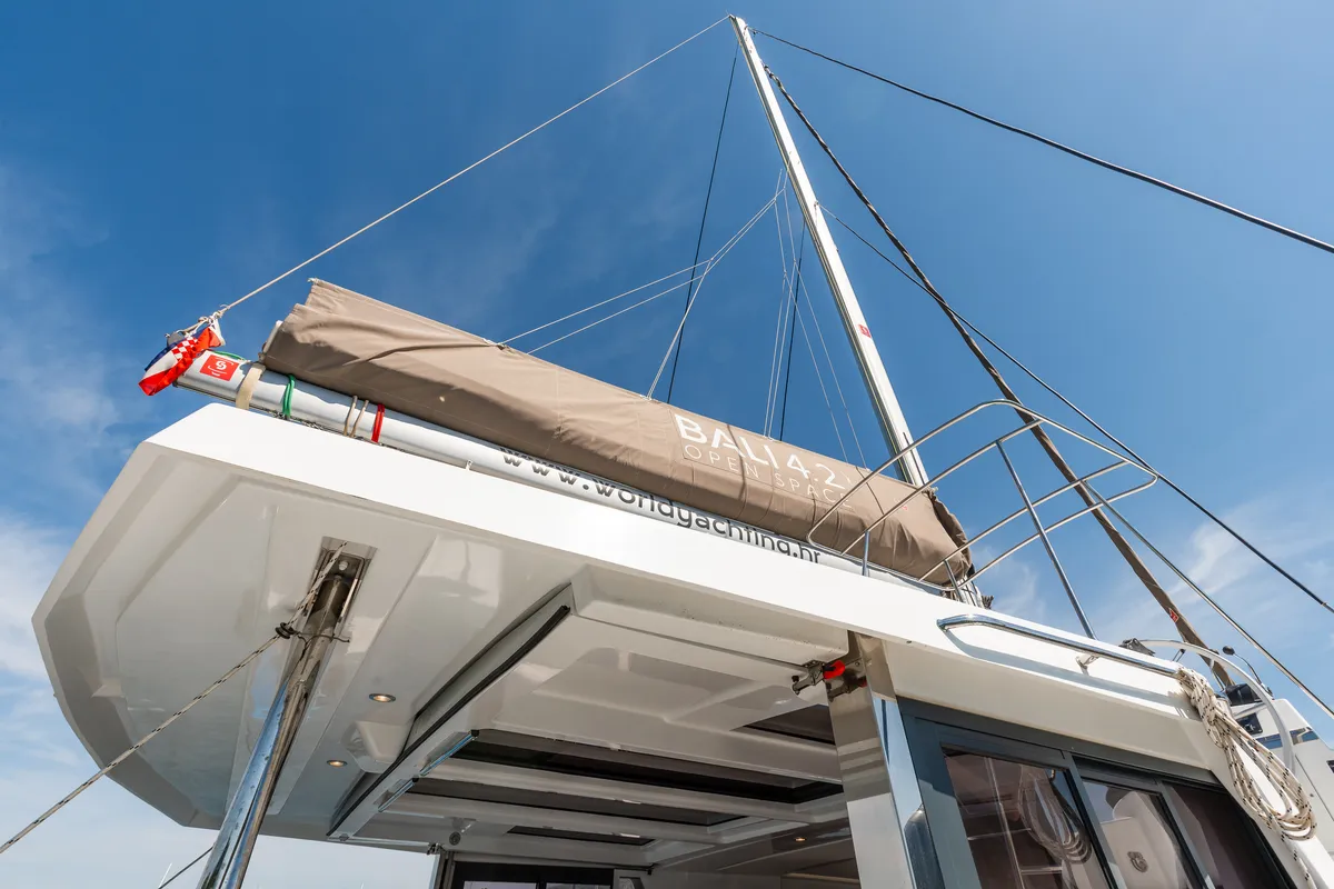 Exterior view of Gaming King, a Bali 4.2 catamaran at Grad Šibenik, Croatia
