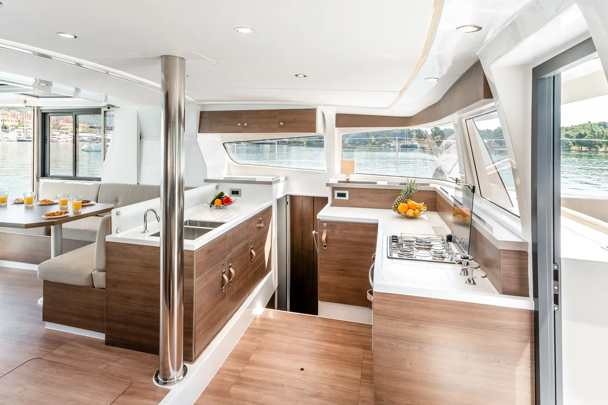 Galley of Gaming King, a Bali 4.2 catamaran at Grad Šibenik, Croatia