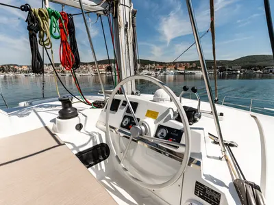Cockpit of Gaming King, a Bali 4.2 catamaran at Grad Šibenik, Croatia