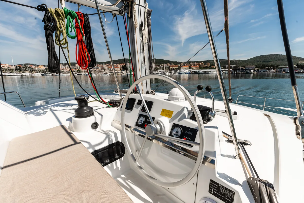 Cockpit of Gaming King, a Bali 4.2 catamaran at Grad Šibenik, Croatia