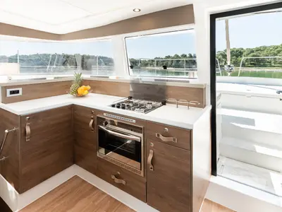 Galley of Gaming King, a Bali 4.2 catamaran at Grad Šibenik, Croatia