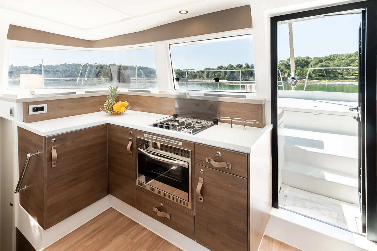 Galley of Gaming King, a Bali 4.2 catamaran at Grad Šibenik, Croatia