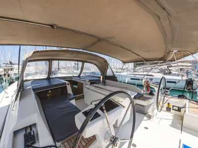Cockpit of Ellaida, a Beneteau Oceanis 46.1 sailboat at Municipal Unit of Lefkada, Greece